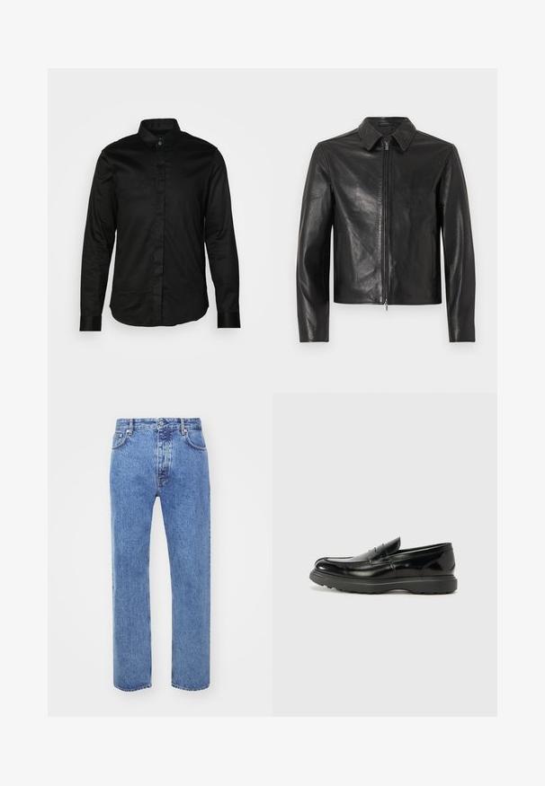 Chaqueta de cuero negra con cremallera frontal completa, cuello puntiagudo, mangas largas y bolsillos laterales, mostrada sobre un fondo neutro.; Camisa negra de manga larga hecha de tejido suave, con cuello, cierre de botones en la parte delantera y puños en contraste. Sin patrones ni gráficos visibles.; Won Hundred STEVE - Vaqueros boyfriend - cut blue; Mocasín de cuero negro con un acabado brillante, punta redondeada, detalles de costura sutiles y una suela de goma gruesa para mayor durabilidad.