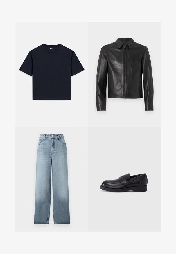Veste en cuir noir avec fermeture éclair complète à l'avant, col pointu, manches longues et poches latérales, présentée sur un fond neutre.; T-shirt à manches courtes bleu marine, en coton. Conception au col ras du cou avec une finition droite et un logo minimaliste en bas à gauche.; Jean bleu clair taille haute, jambes larges, avec fermeture à boutons et fermeture éclair, poches avant et passants pour ceinture sur un fond uni.; Mocassin en cuir noir avec petit talon et bride sur le dessus, logo embossé sur la bride, présenté de profil sur fond blanc.