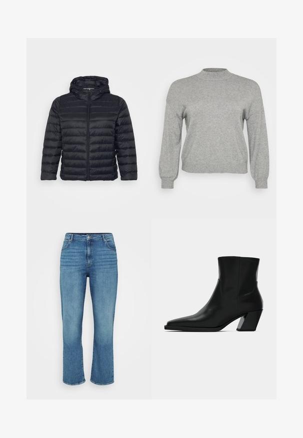 Mustmust must jacket kapuutsiga, millel on lukustus, tikkimine ja elastsed mansetid. Valmistatud kergest, siledast kangast.; Helehall villane sviiter pika varrukaga, sooniku servadega ümar kaelus, mansetid ja allserv, esitatud valgel taustal.; Heledad sinine teksad sirge lahaga, viie tasku, vöökohad ja õrn pleekimine ees.; Must must jalatsid mustast nahast, terava ninaga, stiilne siluett ja jäme ruudukujuline konts. Sile tekstuur, millel on minimaalsed õmblemise detailid.