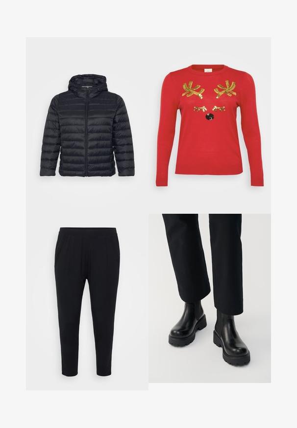Sort pufferjakke med hætte, der har lynlås lukning, quiltet design og elastiske manchetter. Fremstillet af let, glat stof.; Rød strikket sweater med guld pailletterede rådyrhorn, sort pailletteret næse og guld øjenvipperdetaljer på forsiden. Rund halsudskæring, lange ærmer.; Sorte bukser med en afslappet pasform, elastisk talje og diskrete plader. Fremstillet af et blødt materiale, med tætsiddende ben og uden lommer.; Person iført sorte læderankelstøvler med chunky sål kombineret med sorte straight-leg bukser på hvid baggrund.