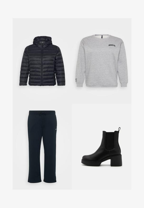 Sort pufferjakke med hætte, der har lynlås lukning, quiltet design og elastiske manchetter. Fremstillet af let, glat stof.; Grå sweatshirt med lange ærmer, rund hals og "BROOKLYN" broderet på brystet. Ribbet manchetter og kant giver struktur.; Sorte sweatpants med elastisk talje og justerbar snor. Har et lille hvidt Nike-logo på venstre side. Blød stofstruktur.; Sort ankelstøvle med en glat læderfinish, elastiske sidedele og en chunky rektangulær hæl. Har en løkke til nem påtagning.