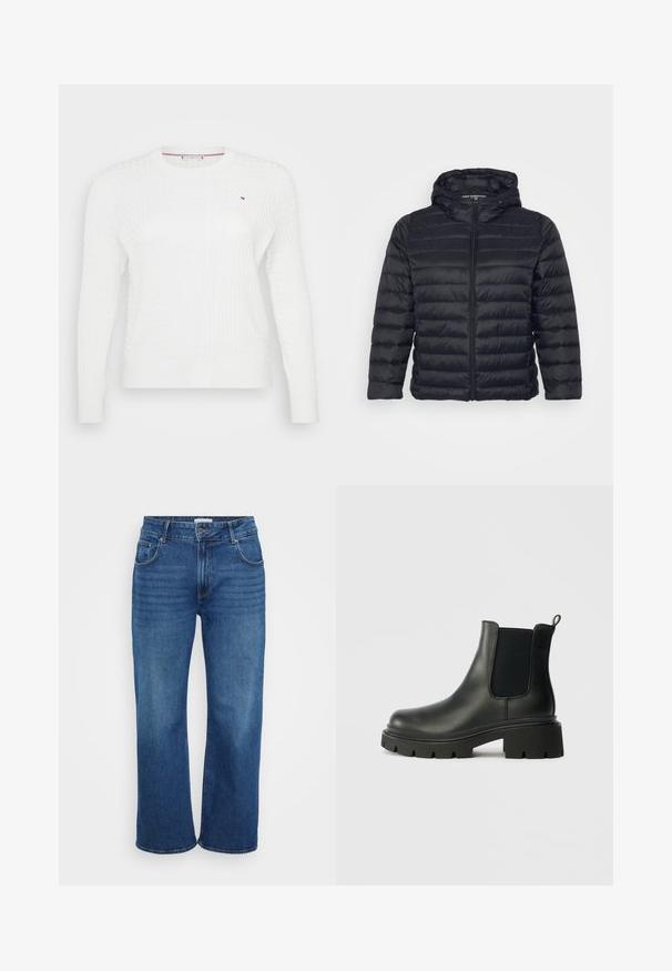 Sort pufferjakke med hætte, der har lynlås lukning, quiltet design og elastiske manchetter. Fremstillet af let, glat stof.; Hvid strikket sweater med et struktureret diamantmønster, rund halsudskæring og lange ærmer. Lille logoaccent på brystet.; Bredde ben jeans i mørkeblå denim. Har fem lommer, bælteskydere og svag falmning langs benene. Glat tekstur med en standart pasform.; Sorte læder Chelsea støvler med elastiske sidepaneler, en struktureret overflade og en kraftig gummisål. Har en trækstrop for nem påklædning.