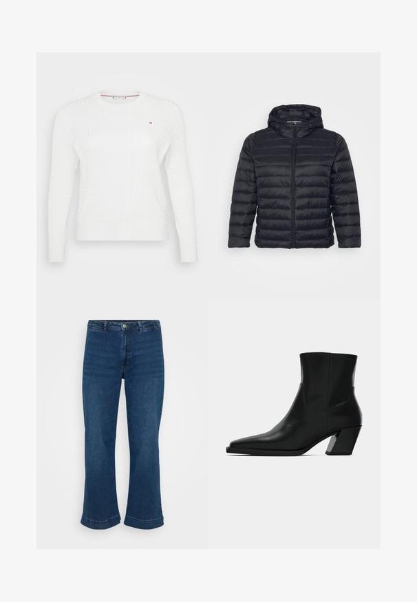 Sort pufferjakke med hætte, der har lynlås lukning, quiltet design og elastiske manchetter. Fremstillet af let, glat stof.; Hvid strikket sweater med et struktureret diamantmønster, rund halsudskæring og lange ærmer. Lille logoaccent på brystet.; Højtaljede blå jeans med lige ben og bred kant, lavet af denim. Har et klassisk fem-lomme design og lukning med metalknap.; Sortlæder ankelstøvle med spids tå, en slank silhuet og en kraftig firkantet hæl. Glat tekstur med minimale stikninger.