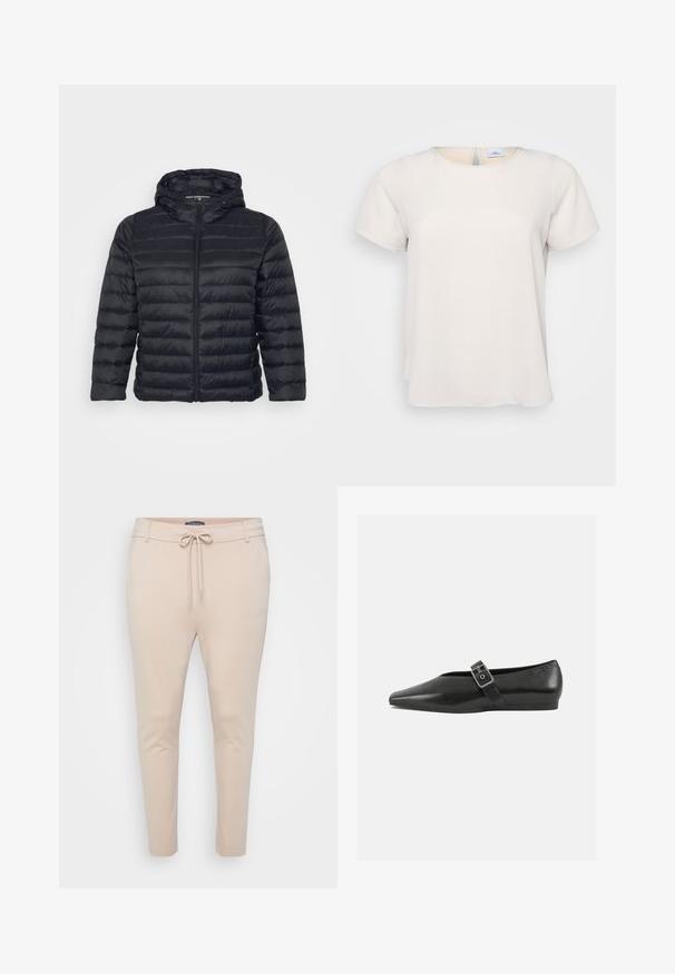 Sort pufferjakke med hætte, der har lynlås lukning, quiltet design og elastiske manchetter. Fremstillet af let, glat stof.; Kortærmet, rundhalset top i lys beige stof med en glat tekstur; har en nøglehulsdetalje på ryggen og en afslappet pasform.; Beige letvægts joggerbukser med snoretræk i taljen og to sidelommer. Glat tekstur, tapered ben og minimalt sømadetail.; Sorte læder flade sko med spidse tæer, prydet med en metallisk spænde over vristen og en lav, fleksibel sål.