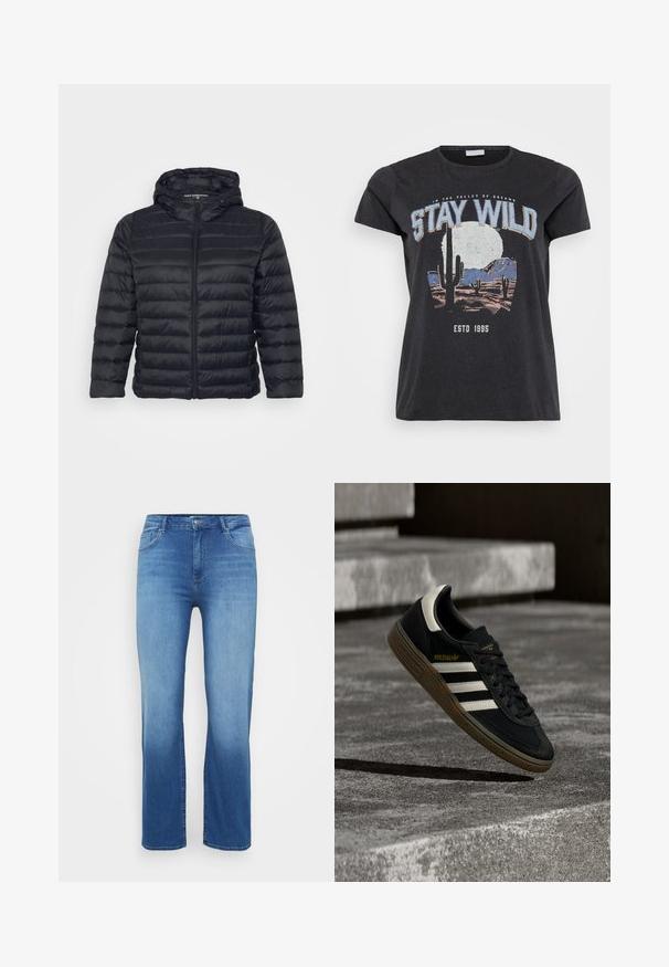 Sort pufferjakke med hætte, der har lynlås lukning, quiltet design og elastiske manchetter. Fremstillet af let, glat stof.; Sort bomulds t-shirt med et grafisk print af en ørken-scene med kaktusser, en måne og sætningen "STAY WILD" i blå skrifttype.; Lysblå denimjeans med lige snit, fem-lomme design og en slidt effekt ved kanten. Knaplukning i taljen.; Sort Adidas-sneaker med hvide striber og gummisåler, svævende over grå betontrapper i naturligt lys.