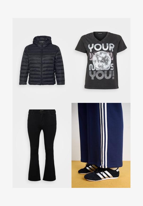 Sort pufferjakke med hætte, der har lynlås lukning, quiltet design og elastiske manchetter. Fremstillet af let, glat stof.; Sort bomulds T-shirt med V-hals, korte ærmer og et grafisk design af en diskokugle med tekst i metalisk og stribet skrifttype.; Sorte viddejeans lavet af denim, med knaplukning, fem lomme og en glat overflade. Klassisk design med flagrende kant.; Mørkeblå træningsbukser med tre hvide lodrette striber og sorte sportssko med sølvstriber og en struktureret overflade. Gul gulv.