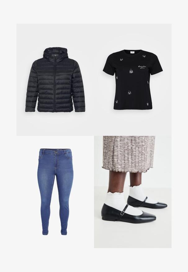 Sort pufferjakke med hætte, der har lynlås lukning, quiltet design og elastiske manchetter. Fremstillet af let, glat stof.; Sort bomulds T-shirt med korte ærmer, prydet med spredte hvide håndtaskemotiver og et skriftligt design, der siger "Essential Love."; Blå skinny jeans med forlommer, bæltestropper, knaplukning og let falmet effekt på lår og knæ.; Sorte ballerinaer med spids tå og flad hæl, der har et justerbart bånd over foden. Båret med hvide teksturerede strømper.