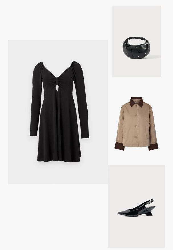 Béžová bunda s tmavohnedým golierom a manžetami, s prednými gombíkmi a dvoma bočnými vreckami, zobrazená na bielom pozadí.; Čierne šaty s dlhým rukávom a hlbokým výstrihom do V, majú zhromaždenú látku a detail vo forme kľúčovej jamky na hrudi, rozšírená sukňa.; Čierna lakovaná slingback topánka so špicatou špičkou a nízkym šikmým blokovým opätkom na jednoduchom svetlom pozadí.; Čierna kožená kabelka s zaobleným tvarom, zdobená striebornými cvočkami a krátkym rúčkou. Hladká textúra a zapínanie na zips.