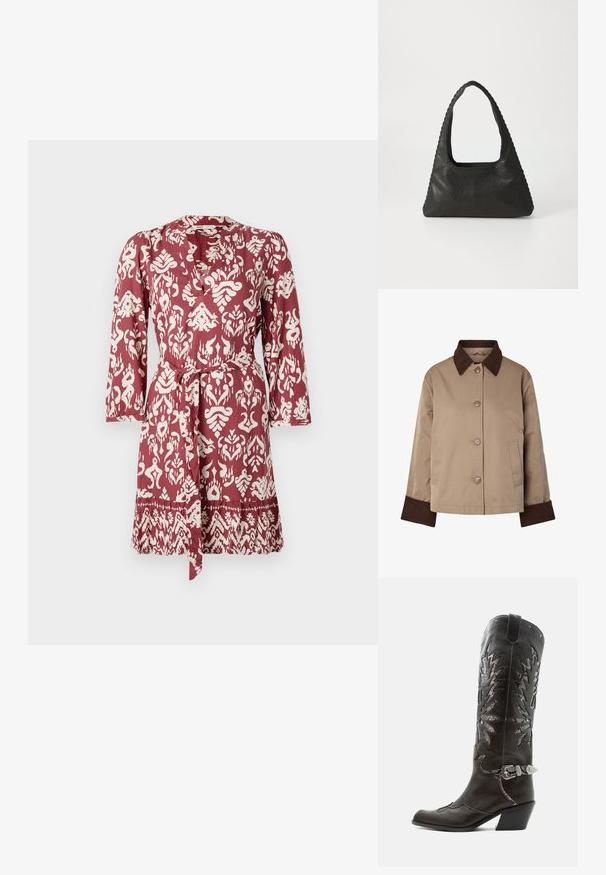 Veste beige avec col et poignets marron foncé, boutons à l'avant et deux poches latérales, présentée sur fond blanc.; Robe à motifs rouges et blancs avec une taille à nouer, des manches longues et un décolleté en V. Présente un design floral et géométrique complexe.; Botte de cowboy en cuir noir avec découpes décoratives, boucle argentée et talon incliné, présentée sur fond blanc.; Sac à main en cuir noir de forme triangulaire, avec une grande poignée découpée et des coutures détaillées le long des bords. Texture lisse.