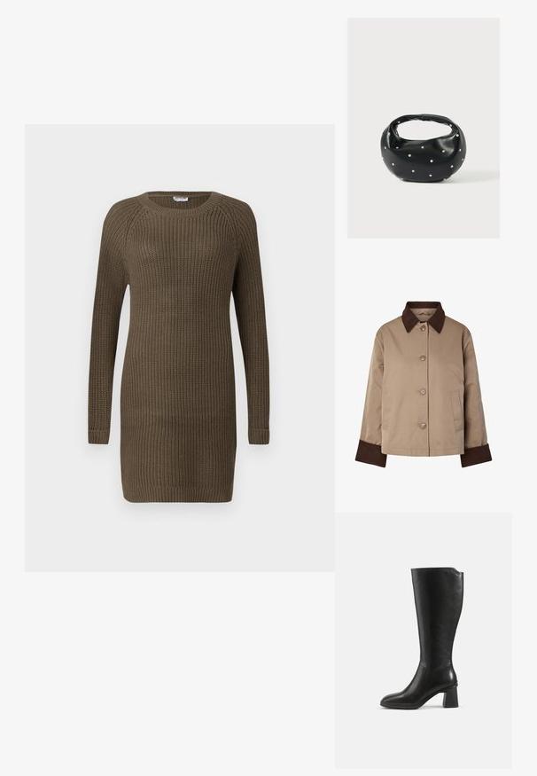 Veste beige avec col et poignets marron foncé, boutons à l'avant et deux poches latérales, présentée sur fond blanc.; Robe en tricot de couleur vert olive foncé, avec des manches longues, un col rond, un tissu texturé et des poignets et un ourlet côtelés.; Botte en cuir noire montant jusqu’au genou avec un talon bloc et un bout arrondi, vue de profil sur un fond uni.; Sac à main en cuir noir de forme arrondie, décoré de clous argentés et équipé d'une poignée courte. Texture lisse et fermeture éclair.