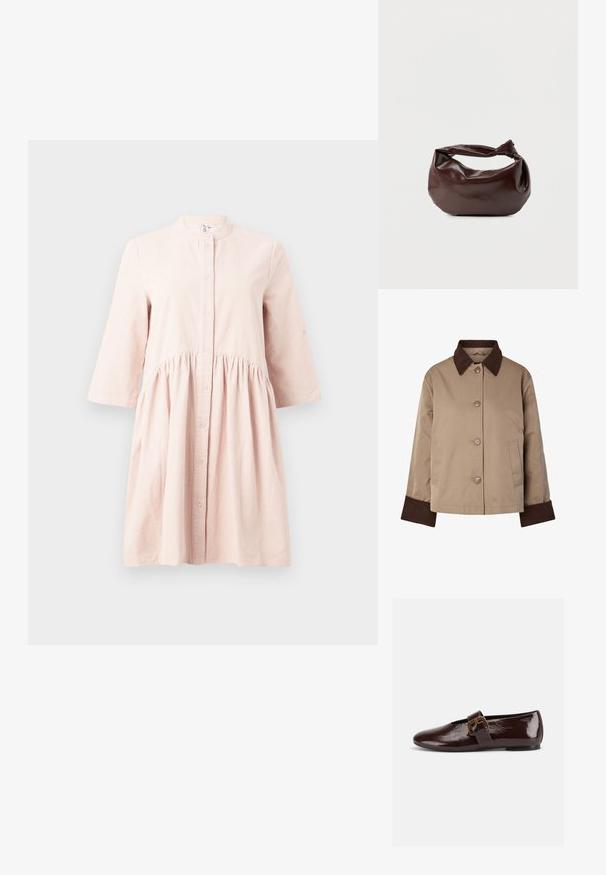 Beige jakke med mørkebrun krave og manchetter, knapper foran og to sidelommer, vist på hvid baggrund.; Lys pink, langærmet kordfløjlskjole med mandarinkrave, knaplukning foran og samlet talje-detail.; Mørkebrun laklædersko med stor guldlås og rund tå, vist i sideprofil på hvid baggrund.; Mørkebrun læder skuldertaske med en blød, afslappet form og et snoet knudehåndtag på en ensartet hvid baggrund.
