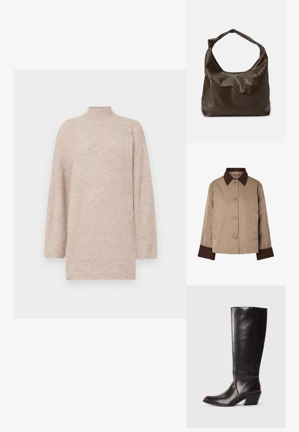 Beige jakke med mørkebrun krave og manchetter, knapper foran og to sidelommer, vist på hvid baggrund.; Beige højhalset sweater med faldende skuldre, lavet af ribbet strikmateriale. Løs pasform med lange ærmer og en blød tekstur.; Knæhøj, mørkebrun læderstøvle med spids tå, vinkelret blokhæl og en glat, blank overflade. Har et enkelt design og syningsdetaljer.; Brun flettet lædertaske med en blød, slasket form, et enkelt håndtag og en tekstureret overflade. Den har en blød, blank finish og afrundede kanter.