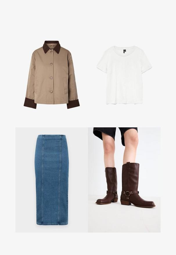 Beige jakke med mørkebrun krave og manchetter, knapper foran og to sidelommer, vist på hvid baggrund.; Hvid kortærmet t-shirt med rund halsudskæring, lavet af letvægtsstof. Enkel design, glat tekstur og lige kant.; Blå denim blyantskørt med lodrette sømme og høj talje, der går til under knæet, vist på en hvid baggrund.; Brune læder knæhøje støvler med rund tå, struktureret overflade, ankelrem og sølvhardware detaljer; stablet hæl.