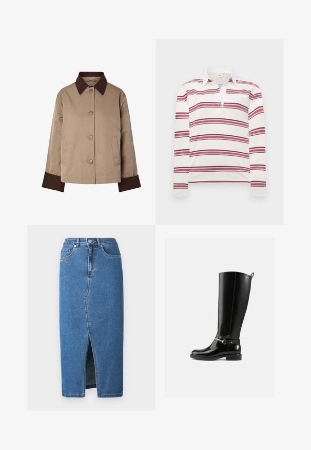 Beige jas met donkerbruine kraag en manchetten, knopen aan de voorkant en twee zijzakken, afgebeeld op een witte achtergrond.; Langarm polo-shirt in het wit met horizontale bordeauxrode en roze strepen, met een contrasterende kraag en een knoopsluiting voor een open halslijn.; Denim midi-rok in blauw. Voorzien van een voorsplit, een hoge tailleband en een ontwerp met vijf zakken. Klassieke stiksels en metalen hardware accenten.; Zwarte kniehoge laarzen van glanzend leer, met een zilveren gespdetail op de enkel en een afgeronde neus. Platte zool.