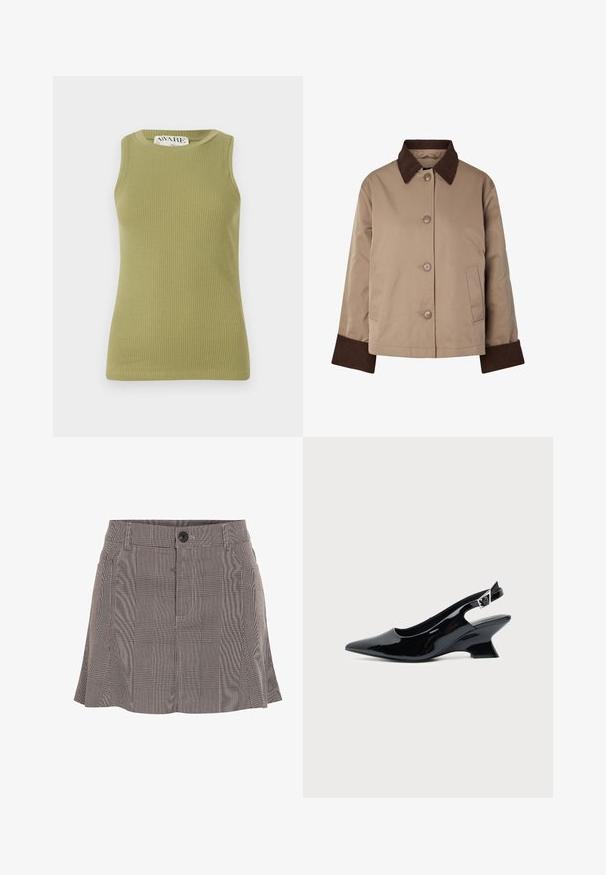 Beige jakke med mørkebrun krave og manchetter, knapper foran og to sidelommer, vist på hvid baggrund.; Grøn, ribbet tanktop med rund halsudskæring og ærmeløs design. Stoffet har et struktureret mønster med en tætsiddende silhuet.; Rutete nederdel i sort og hvid, lavet af letvægtsstof, med en talje med en knap og plisseret design for ekstra detalje.; Sort laklæder slingback sko med spids tå og lav vinklet blokhæl på ensartet lys baggrund.