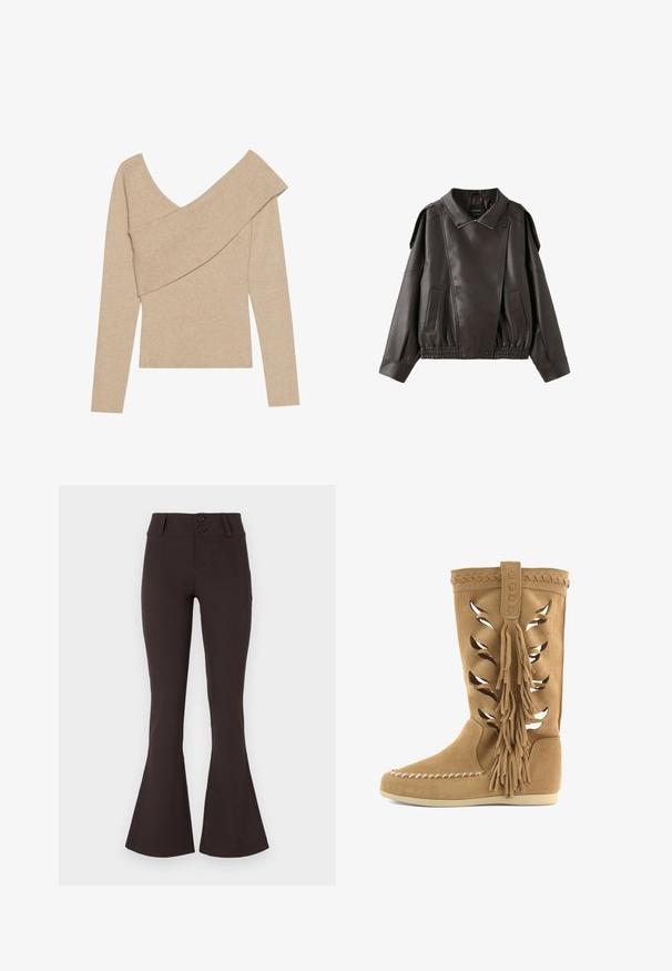 Tmavohnedá kožená bunda s golierom, asymetrickým predným zipsom, dlhými rukávmi, ramennými klapkami a elastickým pásom.; Even&Odd by Zalando Svetrík - mottled beige; Hnedé zvonové nohavice vyrobené z elastického materiálu. Majú vysoký pás s dvoma gombíkmi a hladkú štruktúru. Bez vzorov či ozdôb.; Béžový semišový čižma do polovice lýtok s laserovo vyrezávanými vzormi listov, pletenou lemovkou, veľkými bočnými strapcami, vyšívaním na špičke v štýle mokasín a plochou podrážkou.