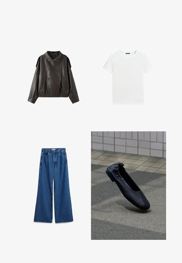 Donkerbruine leren jas met kraag, asymmetrische ritssluiting aan de voorkant, lange mouwen, schouderflappen en elastische tailleband.; Effen wit T-shirt met korte mouwen, een ronde hals en een klein zwart labeltje aan de binnenkant van de kraag.; Wijde blauwe denim jeans met een hoge taille, vijf zakken en een rits. Gemaakt van stevig katoenmix materiaal met vervaging.; Zwarte leren balletschoen met elastische achterkant, rustend op een gestructureerd buitenpad met een betegelde muur op de achtergrond.