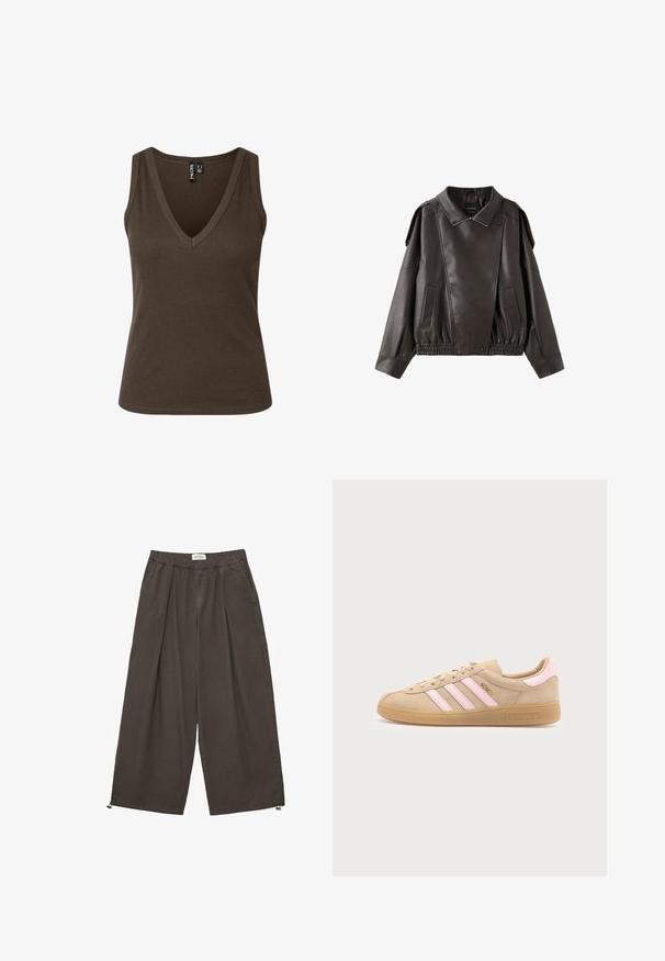 Veste en cuir marron foncé avec col, fermeture asymétrique zippée devant, manches longues, rabats d'épaule et ceinture élastique.; Haut marron sans manches en maille côtelée avec un col en V profond et une silhouette cintrée, étiquette visible à l'intérieur du col.; Pantalon à jambes larges marron foncé avec ceinture élastique, plis à l'avant, poches latérales et cordons de serrage réglables à l'ourlet.; Baskets Adidas Munich beiges avec des bandes roses, semelle en gomme et texte doré "Munich" sur le côté, montrées de la face intérieure sur fond blanc.