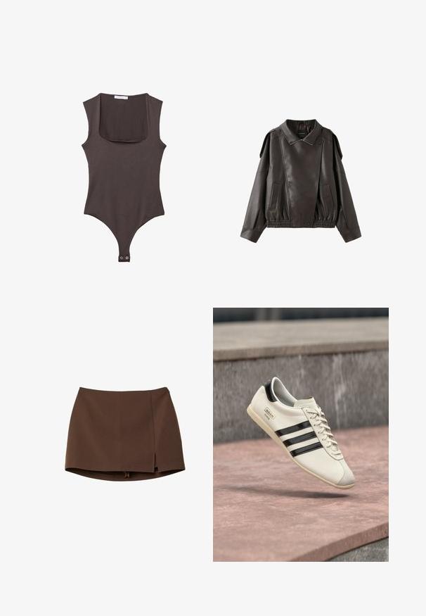 Veste en cuir marron foncé avec col, fermeture asymétrique zippée devant, manches longues, rabats d'épaule et ceinture élastique.; Bodysuit sans manches marron avec un col carré, fabriqué en tissu doux. Comprend une fermeture à pression en bas et une silhouette ajustée.; Mini-jupe marron en tissu lisse, avec une fente frontale, des lignes épurées et une coupe structurée. Sans poches ni détails métalliques apparents.; Baskets blanches Adidas avec des rayures noires et une semelle beige, flottant au-dessus d'une surface en béton rosâtre et d'un fond en pierre grise.