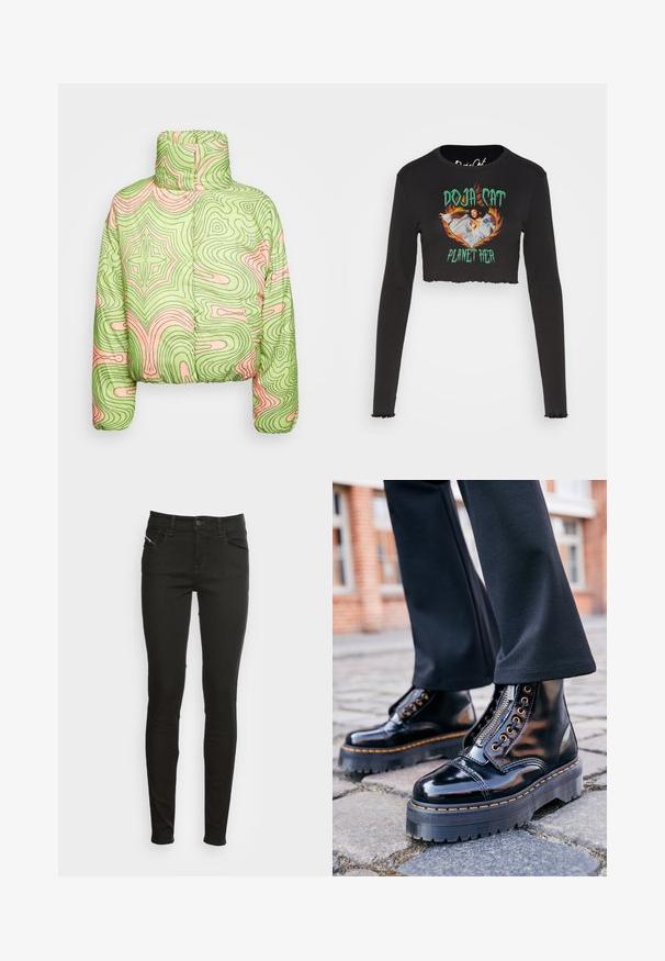 Obey Clothing WAVY AMBER PUFFER - Zimná bunda - algae green multi; Noisy May NMSAGA O NECK DOJA CAT - Top s dlhým rukávom - black; Čierne slim-fit džínsy s prednými vreckami, pútkami na opasok, gombíkovým zapínaním a zipsom, zobrazené na bielom pozadí.; Čierne lakované kožené členkové topánky s hrubou gumovou podrážkou, bočným zipsom, zlatými očkami a kontrastným žltým štepovaním.