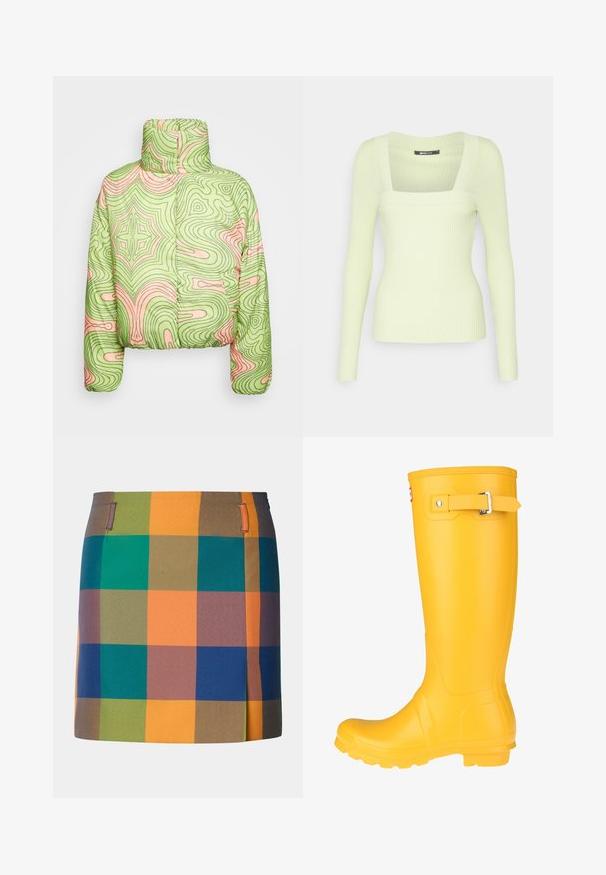 Obey Clothing WAVY AMBER PUFFER - Zimná bunda - algae green multi; Gina Tricot Tall SQUARENECK - Top s dlhým rukávom - lime sherbet; Mnohofarebná sukňa s výrazným kockovaným vzorom z oranžových, zelených, modrých a hnedých štvorcov. Navrhnutá s rovnými líniami a bočnými detailmi.; Žlté gumenné dáždniky s hladkým povrchom, nastaviteľným popruhom s prackou a štruktúrovanou podrážkou pre lepšiu priľnavosť. Vysoký dizajn, zaoblená špička a bezšvové telo.
