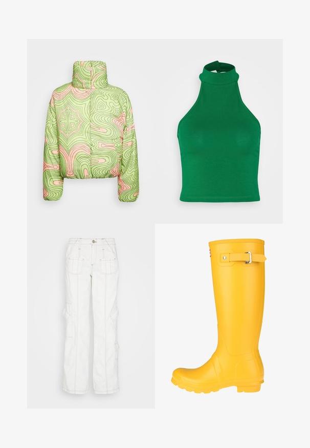 Obey Clothing WAVY AMBER PUFFER - Zimná bunda - algae green multi; Neon & Nylon NAYA HALTER NECK - Top - green; BDG Urban Outfitters Džínsy voľného strihu - white; Žlté gumenné dáždniky s hladkým povrchom, nastaviteľným popruhom s prackou a štruktúrovanou podrážkou pre lepšiu priľnavosť. Vysoký dizajn, zaoblená špička a bezšvové telo.