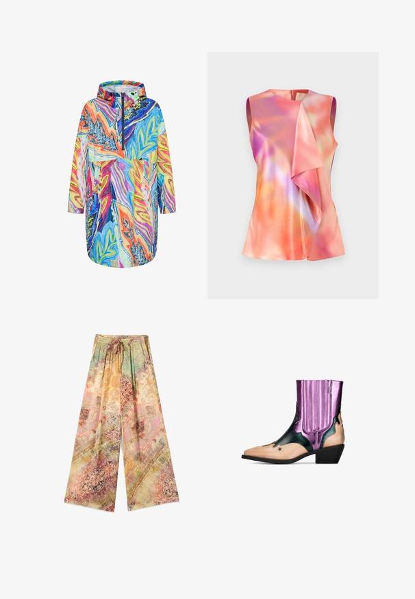 Veste à capuche colorée avec des motifs abstraits en forme de feuilles dans des tons vifs de bleu, orange, rose, jaune et violet, dotée d'une fermeture éclair à l'avant et de manches longues.; Débardeur en satin, orné d'un motif abstrait coloré dans des tons de rose, d'orange et de violet, avec un design drapé à l'avant.; Pantalon à jambes larges avec ceinture élastique et cordon de serrage, avec un motif patchwork vintage floral et géométrique multicolore.; Bottine western en noir, violet métallisé et nude. Elle présente un bout pointu, un talon bloc, des découpes décoratives et des accents côtelés verticaux.