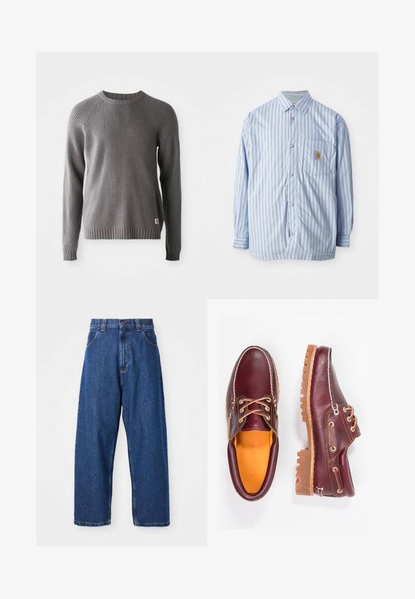 Gestreept button-up shirt in lichtblauw en wit met rode accenten. Heeft een borstzak en lange mouwen. Gemaakt van een soepele stof.; Grijze geribde gebreide trui met lange mouwen en ronde hals. Heeft een gestructureerd oppervlak en een klein logo label aan de zoom.; Denim wijde broek in donkerblauw. Kenmerken zijn een hoge taille, riemlussen en een klassiek vijf-pocket ontwerp. Gestikte zoom met een schone afwerking.; Bordeaux leren schoenen met bruine rubberen zolen, ronde neus, witte stiksels en gouden veterogen. Het interieur heeft een gele voering.