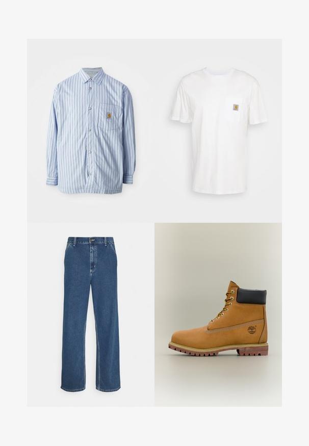Gestreiftes Hemd in Hellblau und Weiß mit roten Akzenten. Verfügt über eine Brusttasche und lange Ärmel. Hergestellt aus einem glatten Stoff.; Weißes Baumwoll-T-Shirt mit kurzen Ärmeln, einer Brusttasche und einem kleinen quadratischen Logopatch in Orange und Weiß auf der Tasche.; Blaue Jeans aus Denim mit geradem Schnitt, fünf Taschen, Metallknopfverschluss und sichtbarer Naht entlang der Nähte und des Saums.; Brauner Leder-Stiefelette mit schwarzem Kragen, gelben Schnürsenkeln und hellbrauner Sohle. Verfügt über ein Logo und weiße Ziernähe. Robuste Profilsohle.