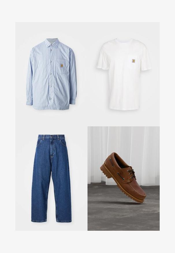 Gestreept button-up shirt in lichtblauw en wit met rode accenten. Heeft een borstzak en lange mouwen. Gemaakt van een soepele stof.; Witte katoenen t-shirt met korte mouwen, een borstzak en een klein vierkant logo-opdruk in oranje en wit op de zak.; Denim wijde broek in donkerblauw. Kenmerken zijn een hoge taille, riemlussen en een klassiek vijf-pocket ontwerp. Gestikte zoom met een schone afwerking.; Bruine leren bootschoen met zwarte veters, beige stiksel en een robuuste zool, zwevend boven een grijze betonnen vloer.