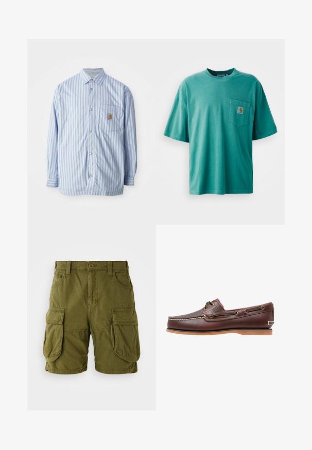 Camisa de botones a rayas en azul claro y blanco con acentos rojos. Tiene un bolsillo en el pecho y mangas largas. Está hecha de una tela suave.; Camiseta de algodón verde con cuello redondo, mangas cortas y un bolsillo frontal con un parche de logo. Textura suave y ajuste relajado.; Pantalones cortos cargo color verde oliva, confeccionados en una mezcla de algodón. Cuentan con dos grandes bolsillos laterales y un cierre de botón con trabillas para cinturón. Textura suave.; Zapato náutico de cuero marrón con costuras blancas, detalles de cordones y suela de goma color coñac, mostrado de lado sobre un fondo blanco.