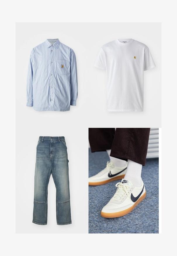 Gestreiftes Hemd in Hellblau und Weiß mit roten Akzenten. Verfügt über eine Brusttasche und lange Ärmel. Hergestellt aus einem glatten Stoff.; Weißes Baumwoll-T-Shirt mit kurzen Ärmeln, Rundhalsausschnitt, mit einem kleinen goldenen Logo im linken Brustbereich. Weicher Stoff und normale Passform.; Helle blaue Jeans mit lockerer Passform, aus Denim gefertigt. Merkmale sind weite Beine, große Fronttaschen und Kontrastnähte.; Nike-Sneaker aus weißem Leder mit einem navy blauen Swoosh, ausgestattet mit einer Gummisohle und weißen Schnürsenkeln, kombiniert mit weißen Socken und dunklen Cord-Hosen.