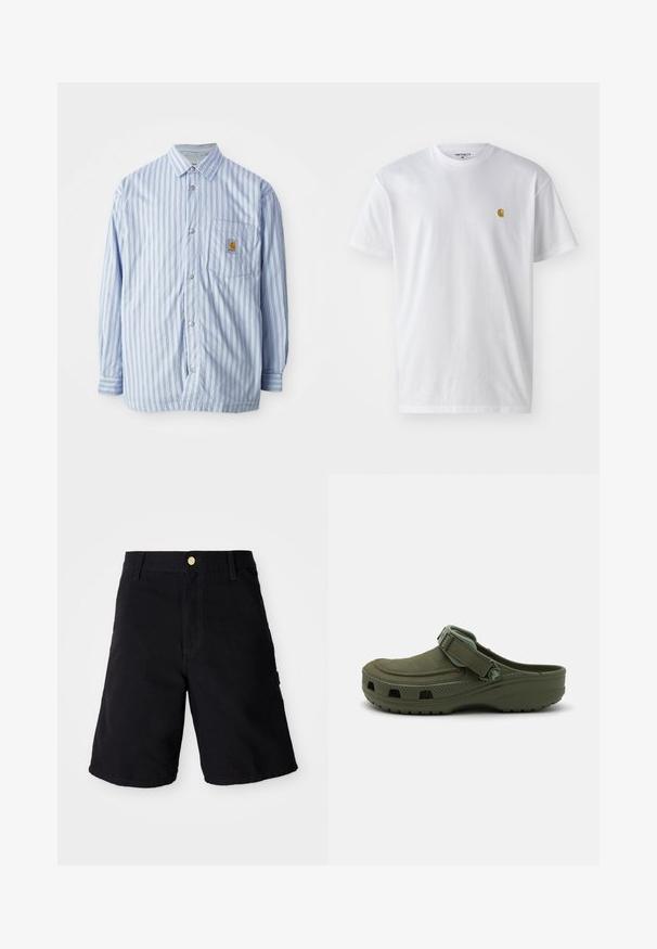 Stribet skjorte i lyseblå og hvid med røde accenter. Har en brystlomme og lange ærmer. Fremstillet af et glat materiale.; Hvid bomulds t-shirt med korte ærmer, rund hals og et lille guld logo på venstre brystområde. Blød tekstur og almindelig pasform.; Sorte denim shorts med knaplukning, med lige skæring, sidelommer og forstærket syning for holdbarhed.; Grøn gummi klipklap med justerbar rem og ventilationshuller. Glat tekstur, rundt tåparti og hævet sål for komfort.