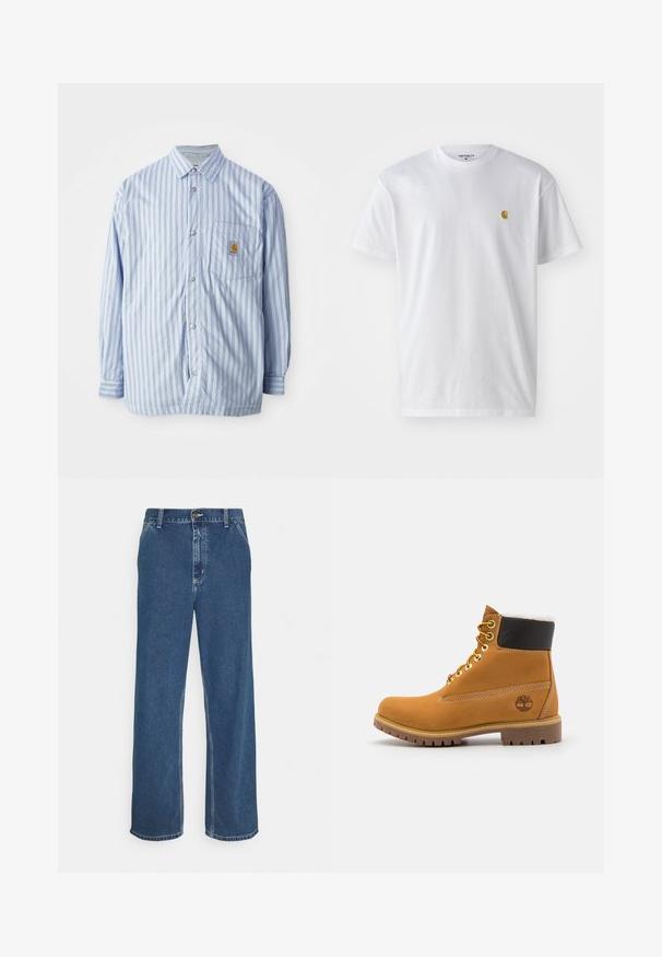 Stribet skjorte i lyseblå og hvid med røde accenter. Har en brystlomme og lange ærmer. Fremstillet af et glat materiale.; Hvid bomulds t-shirt med korte ærmer, rund hals og et lille guld logo på venstre brystområde. Blød tekstur og almindelig pasform.; Blå denimjeans med lige pasform, fem-lomme design, metalknaplukning og synlig syning langs søm og kant.; Brune læder ankelstøvle med metaløjer, hvid pelsforing, sort polstret krave, robust sål og præget logo på siden.
