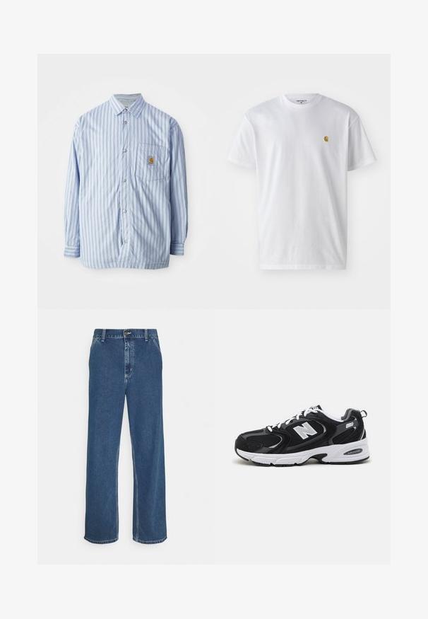 Gestreiftes Hemd in Hellblau und Weiß mit roten Akzenten. Verfügt über eine Brusttasche und lange Ärmel. Hergestellt aus einem glatten Stoff.; Weißes Baumwoll-T-Shirt mit kurzen Ärmeln, Rundhalsausschnitt, mit einem kleinen goldenen Logo im linken Brustbereich. Weicher Stoff und normale Passform.; Blaue Jeans aus Denim mit geradem Schnitt, fünf Taschen, Metallknopfverschluss und sichtbarer Naht entlang der Nähte und des Saums.; Schwarze und graue Sportschuhe mit Obermaterial aus Mesh und Wildleder, ausgestattet mit einer weißen Zwischensohle, Schnürsenkeln und einem markanten "N"-Logo an der Seite.