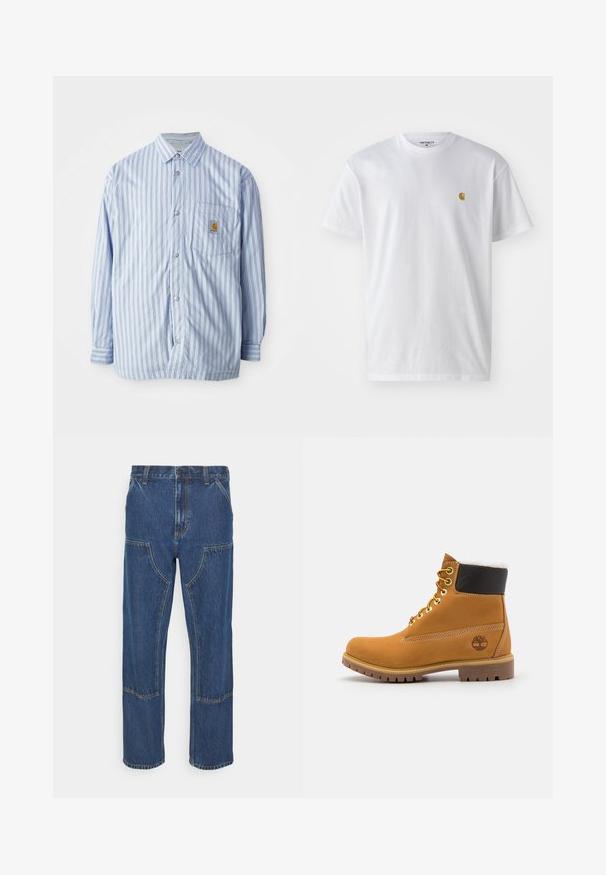 Stribet skjorte i lyseblå og hvid med røde accenter. Har en brystlomme og lange ærmer. Fremstillet af et glat materiale.; Hvid bomulds t-shirt med korte ærmer, rund hals og et lille guld logo på venstre brystområde. Blød tekstur og almindelig pasform.; Blå denim jeans med lige ben, frontlappelommer og kontrasterende syninger. Stoffet har en klassisk tekstur og finish.; Brune læder ankelstøvle med metaløjer, hvid pelsforing, sort polstret krave, robust sål og præget logo på siden.