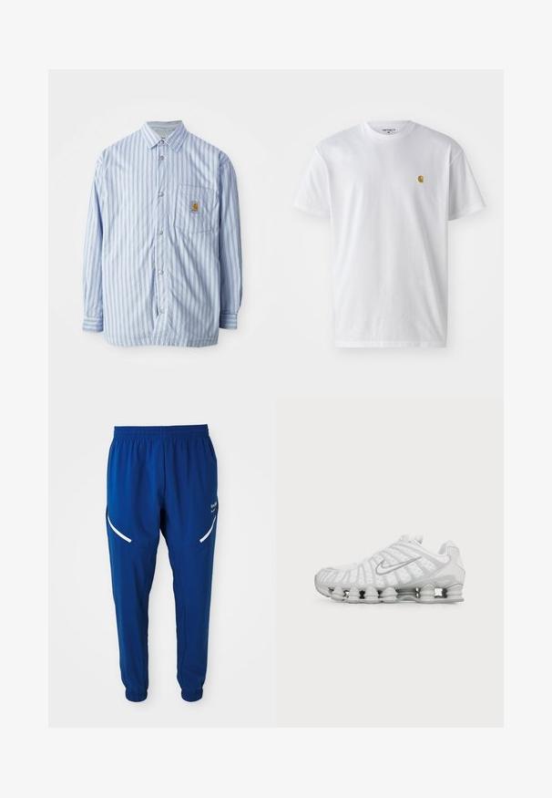 Stribet skjorte i lyseblå og hvid med røde accenter. Har en brystlomme og lange ærmer. Fremstillet af et glat materiale.; Hvid bomulds t-shirt med korte ærmer, rund hals og et lille guld logo på venstre brystområde. Blød tekstur og almindelig pasform.; Royal blue træningsbukser med elastisk talje og manchetter, hvide buede reflekterende striber på lårene og lille hvidt logo på højre side.; Hvid Nike sneaker med karakteristisk bølget design og fjederlignende polstring under sålen, set fra siden på en ensfarvet baggrund.