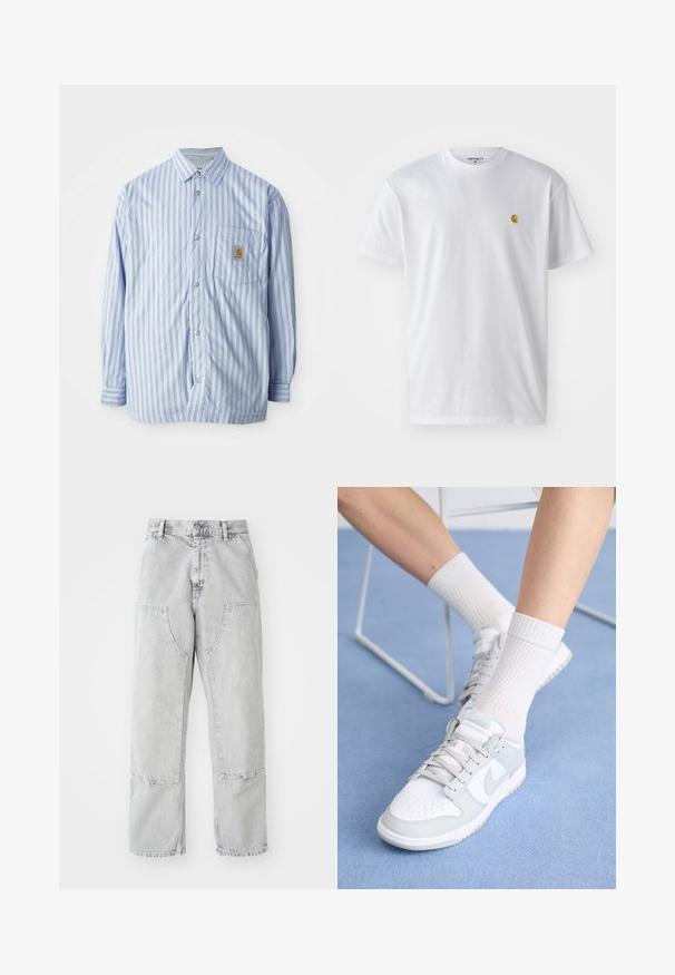 Stribet skjorte i lyseblå og hvid med røde accenter. Har en brystlomme og lange ærmer. Fremstillet af et glat materiale.; Hvid bomulds t-shirt med korte ærmer, rund hals og et lille guld logo på venstre brystområde. Blød tekstur og almindelig pasform.; Lys grå denim bukser med en løs pasform, der har store sidelommer, synlige sømme og et lige ben design. Bæltestropper i taljen.; Hvide sneakers med lyseblå accenter, læderoverdel, perforeret tå, tykke snørebånd og ribbede hvide sokker mod en blå baggrund.