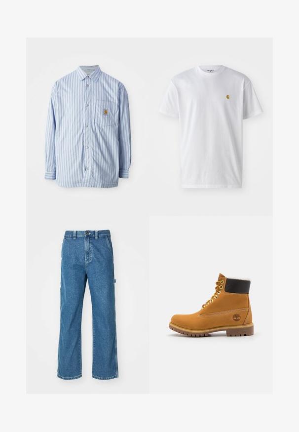 Stribet skjorte i lyseblå og hvid med røde accenter. Har en brystlomme og lange ærmer. Fremstillet af et glat materiale.; Hvid bomulds t-shirt med korte ærmer, rund hals og et lille guld logo på venstre brystområde. Blød tekstur og almindelig pasform.; Blå denim cargo bukser med en afslappet pasform, der har sidelommer, lynlås og kontrastsyninger på sømmene.; Brune læder ankelstøvle med metaløjer, hvid pelsforing, sort polstret krave, robust sål og præget logo på siden.