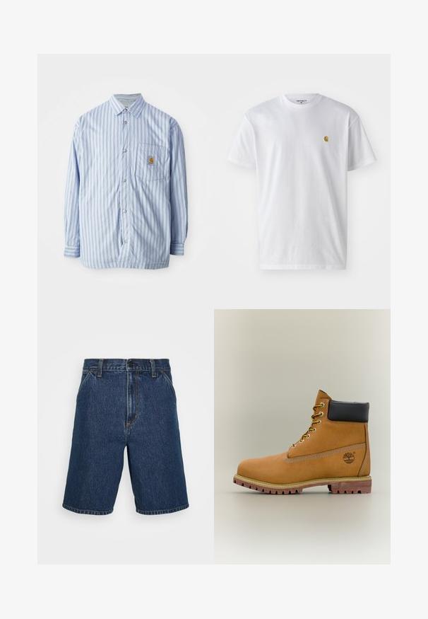 Gestreiftes Hemd in Hellblau und Weiß mit roten Akzenten. Verfügt über eine Brusttasche und lange Ärmel. Hergestellt aus einem glatten Stoff.; Weißes Baumwoll-T-Shirt mit kurzen Ärmeln, Rundhalsausschnitt, mit einem kleinen goldenen Logo im linken Brustbereich. Weicher Stoff und normale Passform.; Dunkelblaue Denim-Shorts mit geradem Schnitt. Mit gelben Nähten und einem klassischen Fünf-Taschen-Design. Regelmäßiger Taillenbund und gesäumte Kanten.; Brauner Leder-Stiefelette mit schwarzem Kragen, gelben Schnürsenkeln und hellbrauner Sohle. Verfügt über ein Logo und weiße Ziernähe. Robuste Profilsohle.