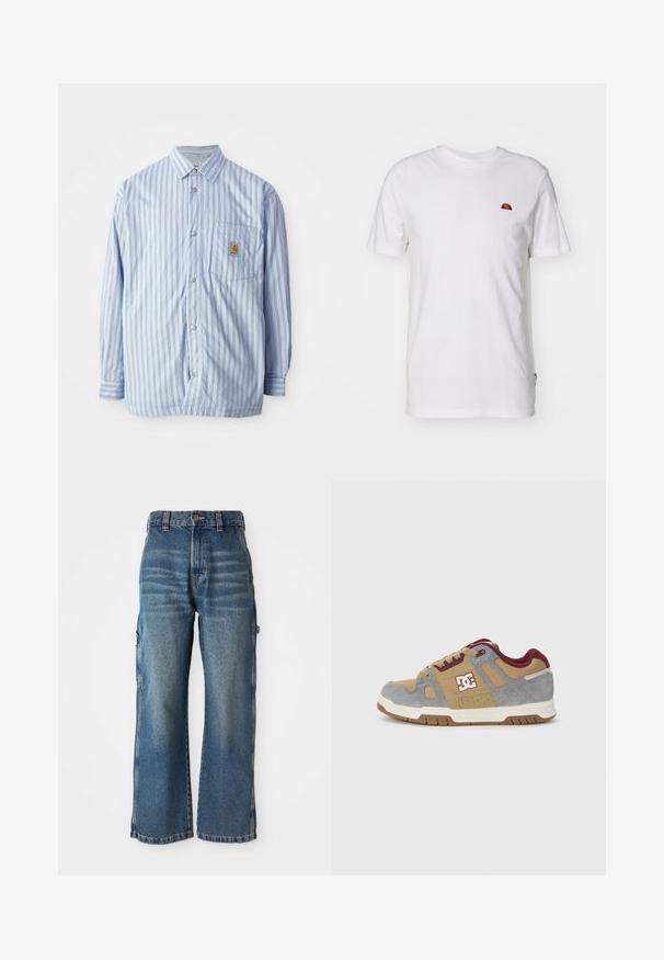 Gestreiftes Hemd in Hellblau und Weiß mit roten Akzenten. Verfügt über eine Brusttasche und lange Ärmel. Hergestellt aus einem glatten Stoff.; Weißes Baumwoll-T-Shirt mit kurzen Ärmeln und Rundhalsausschnitt. Verfügt über ein kleines, farbenfrohes Logo auf der linken Brustseite. Weicher Stoff.; Weite Jeans aus Denim in Hellblau mit einem verwaschenen Finish, hoher Taille, Gürtelschlaufen und seitlichen Taschen. Sichtbare Nähdetails.; DC Sneaker mit einem Obermaterial aus tanfarbenem und grauem Wildleder und Textil, burgunderfarbenen Akzenten, Logo an der Seite und einer Gumm gummierten Sohle.