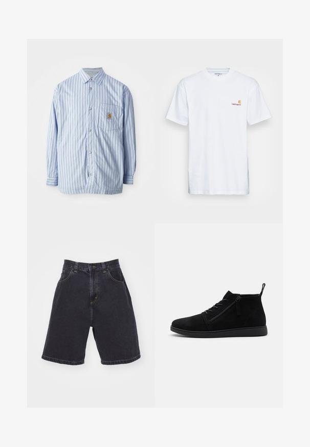Gestreept button-up shirt in lichtblauw en wit met rode accenten. Heeft een borstzak en lange mouwen. Gemaakt van een soepele stof.; Witte katoenen t-shirt met korte mouwen. Ontworpen met een klein oranje en kastanjebruin logo op de linkerkant van de borst. Heeft een klassieke ronde hals.; Donkerdenim shorts met een hoge taille, voorzien van twee voorzakken, contrasterende gele stiksels, en een rechte snit met een omgezoomde afwerking.; Zwarte suède enkellaarsjes hebben een ronde neus, veters aan de voorkant en een zijrits. De zool is plat met een gestructureerde afwerking voor grip.