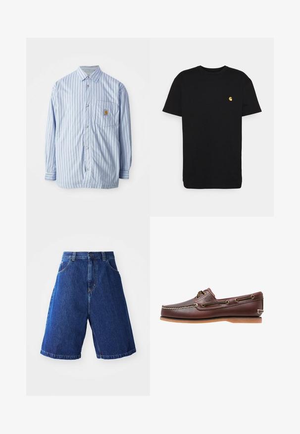 Stribet skjorte i lyseblå og hvid med røde accenter. Har en brystlomme og lange ærmer. Fremstillet af et glat materiale.; Sort bomulds t-shirt med korte ærmer, rund halsudskæring og et lille gult logo på venstre brystområde. Enkel design og almindelig pasform.; Denimshorts med en blå vask, med en høj talje, to forlommer og gul syning langs sømmene.; Brun læder bådsko med hvide sømme, snøre detaljer og lysbrun gummisål, vist fra siden på hvid baggrund.