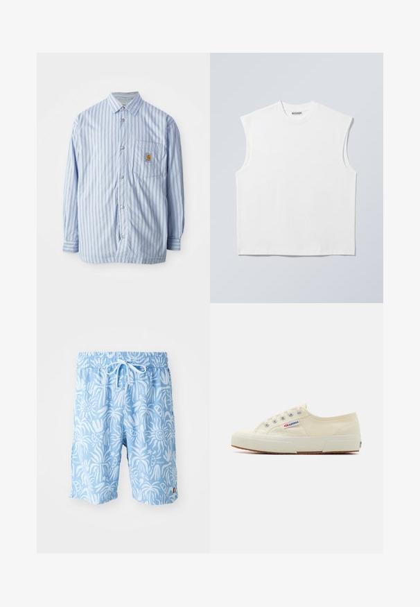 Chemise à rayures bleu clair et blanche avec des accents rouges. Dotée d'une poche poitrine et de manches longues. Fabriquée en tissu lisse.; Haut blanc sans manches en coton à col rond avec épaules structurées, marqué "WEEKDAY" sur l'étiquette du col, présenté sur un fond gris clair.; Shorts de bain bleu clair avec un motif abstrait blanc, taille élastique et cordon de serrage. Logo sur le devant à gauche et fentes sur les côtés à l'ourlet.; Baskets en toile beige au design épuré, œillets en métal et semelle en caoutchouc. Présente un motif texturé et un détail de logo sur le côté.