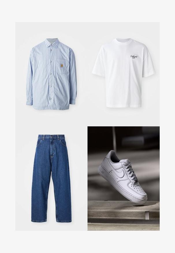 Gestreiftes Hemd in Hellblau und Weiß mit roten Akzenten. Verfügt über eine Brusttasche und lange Ärmel. Hergestellt aus einem glatten Stoff.; Weißes Baumwoll-T-Shirt mit Rundhalsausschnitt und kurzen Ärmeln. Besitzt ein schwarzes Schriftlogo auf der linken Brust. Lockere Passform mit Seitennähten.; Weite Jeans aus Denim in Dunkelblau. Hohe Taille, Gürtelschlaufen und klassisches Fünf-Taschen-Design. Gestickter Saum mit sauberem Finish.; Weißer Nike Air Force 1 Sneaker aus Leder mit perforierter Zehenpartie, flachen Schnürsenkeln und strukturierter Gummisohle mit "AIR"-Branding an der Seite.