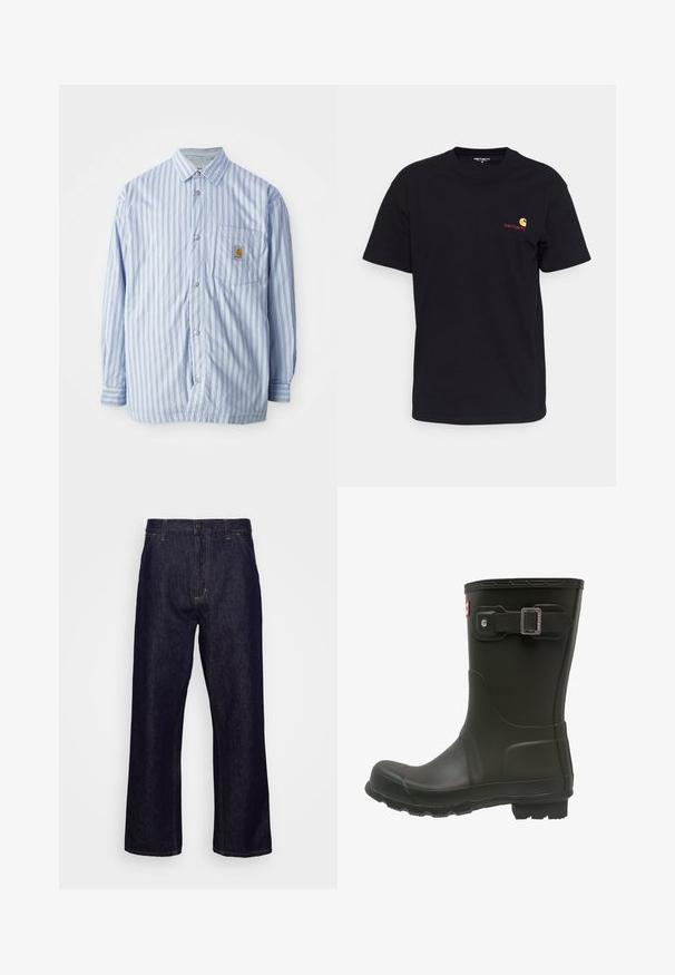 Stribet skjorte i lyseblå og hvid med røde accenter. Har en brystlomme og lange ærmer. Fremstillet af et glat materiale.; Sort bomulds T-shirt med korte ærmer, rund hals og lille farverigt logo på venstre bryst. Klassisk snit med en glat tekstur.; Mørkeblå lige ben denim jeans med forlommer, bæltestropper, lynlås og knaplukning, præsenteret foran en simpel hvid baggrund.; Sort gummistøvle med rund tå, en spænderem ved den øverste side og en struktureret sål til godt tænksom greb.