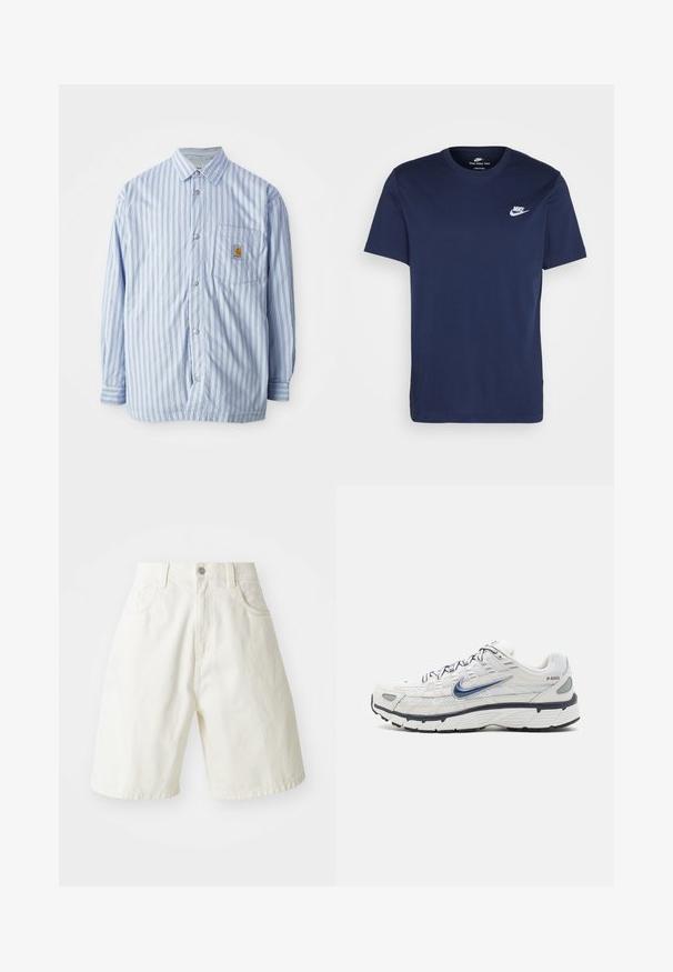 Stribet skjorte i lyseblå og hvid med røde accenter. Har en brystlomme og lange ærmer. Fremstillet af et glat materiale.; Marineblå bomulds T-shirt med rund hals og korte ærmer. Har et hvidt Nike-logo på venstre bryst og en lige kant.; Hvide denimshorts med en afslappet pasform, der har en talje, fem lommer og lige ben. Stoffet har en let tekstur.; Nike Sportswear P 6000 - Sneakers - phantom/obsidian/summit white/white/black/metallic silver