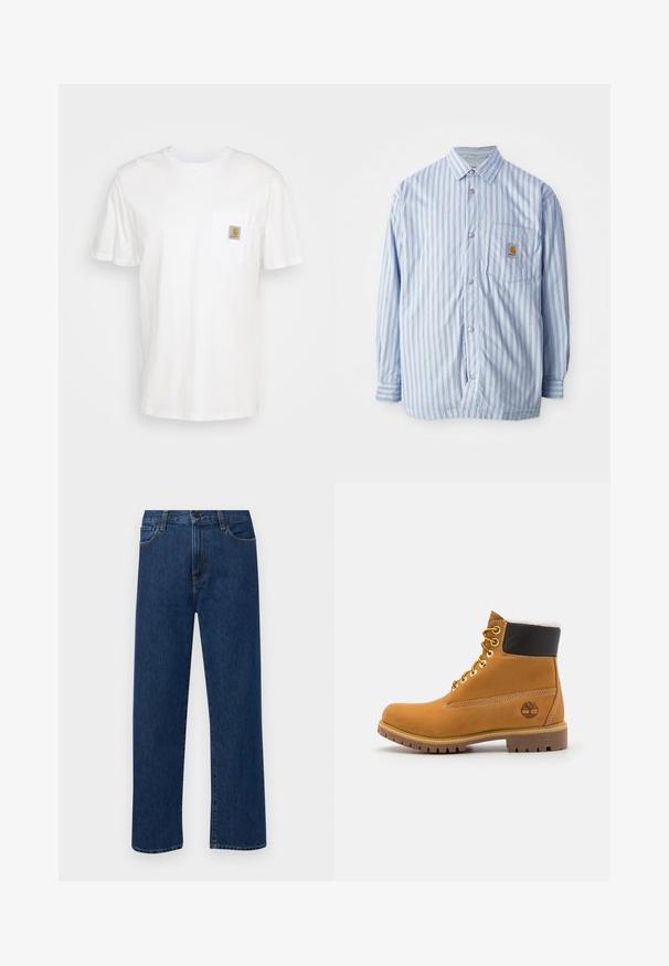 Camisa de botones a rayas en azul claro y blanco con acentos rojos. Tiene un bolsillo en el pecho y mangas largas. Está hecha de una tela suave.; Camiseta de algodón blanca con mangas cortas, un bolsillo en el pecho y un pequeño parche cuadrado de logo en naranja y blanco en el bolsillo.; Jeans de denim de pierna recta en azul oscuro con bolsillos delanteros y cierre de botón, exhibidos sobre un fondo blanco liso.; Botín de cuero marrón con ojales de metal, forro de piel sintética blanca, cuello acolchado negro, suela resistente y logotipo en relieve en el costado.