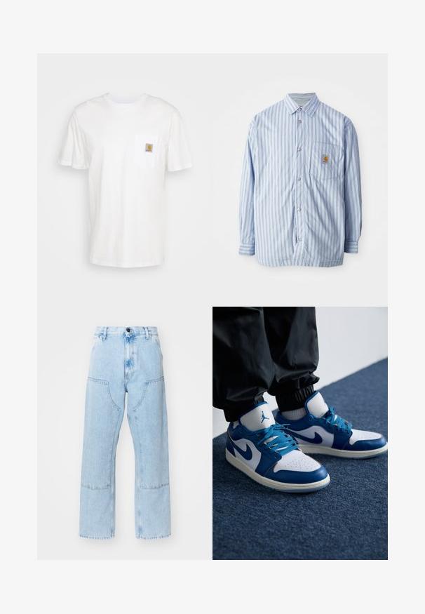Gestreiftes Hemd in Hellblau und Weiß mit roten Akzenten. Verfügt über eine Brusttasche und lange Ärmel. Hergestellt aus einem glatten Stoff.; Weißes Baumwoll-T-Shirt mit kurzen Ärmeln, einer Brusttasche und einem kleinen quadratischen Logopatch in Orange und Weiß auf der Tasche.; Hellblaue, gerade geschnittene Jeans mit großen Fronttaschen und kontrastierenden Nähten. Der Stoff hat eine ausgewaschene, weiche Textur.; Die Nike Air Jordan Sneakers verfügen über eine weiße Lederbasis mit blauen synthetischen Akzenten, einer perforierten Zehenbox und blauen Schnürsenkeln.