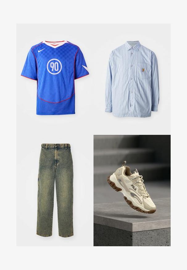 Stribet skjorte i lyseblå og hvid med røde accenter. Har en brystlomme og lange ærmer. Fremstillet af et glat materiale.; Blå Nike fodboldtrøje med ternet mønster, korte ærmer, v-hals design, hvide accenter og et centralt cirkulært "90" grafik.; Slidse denim jeans i en falmet blå og grøn vask. Har en knaplukning, bælteløkker og sidelommer. Flad front og lige ben-design.; Beige atletiksko med tekstureret mesh og læderdetaljer, med en tyk brun gummisål og et mærkelogo på siden.
